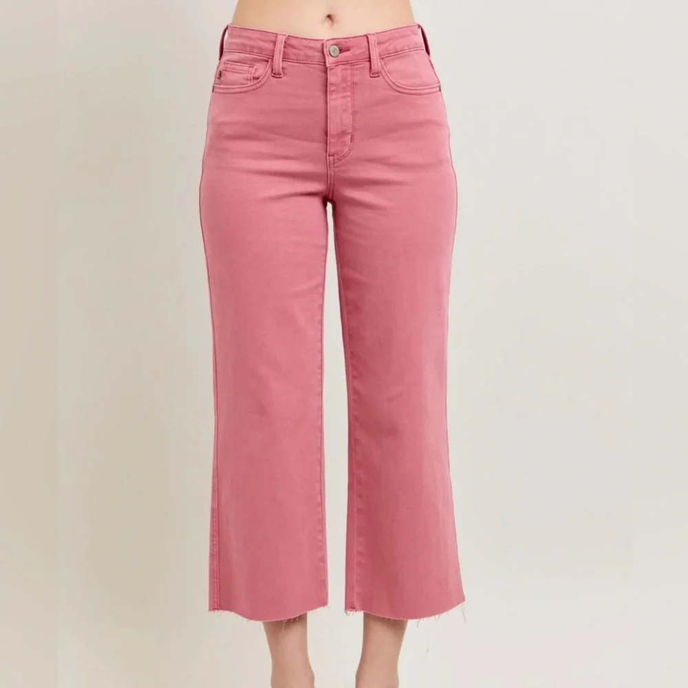 Judy Blue High Waist Garment Dyed Rose Crop Wide Leg Jeans - Picture 1 of 6